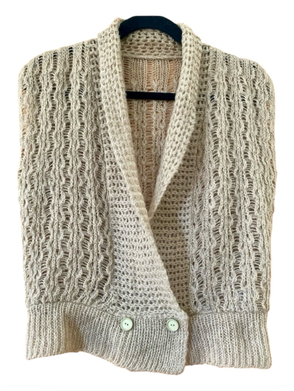 Boho Open Knit Sweater Vest Cardigan Beige Fuzzy Mohair Look Sleeveless S M